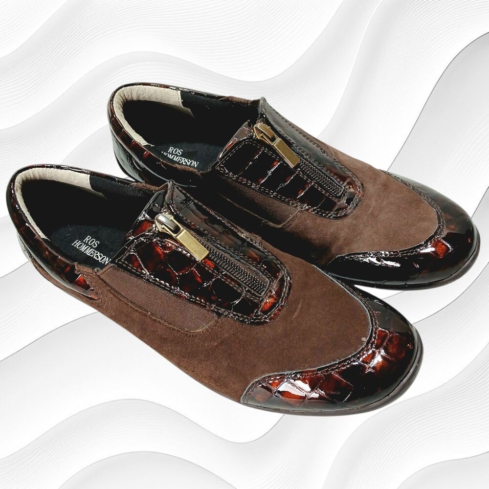 Ros Hommerson Shoes Brn Suede & Glossy Croc Embossed Patent Leather, Size 10N